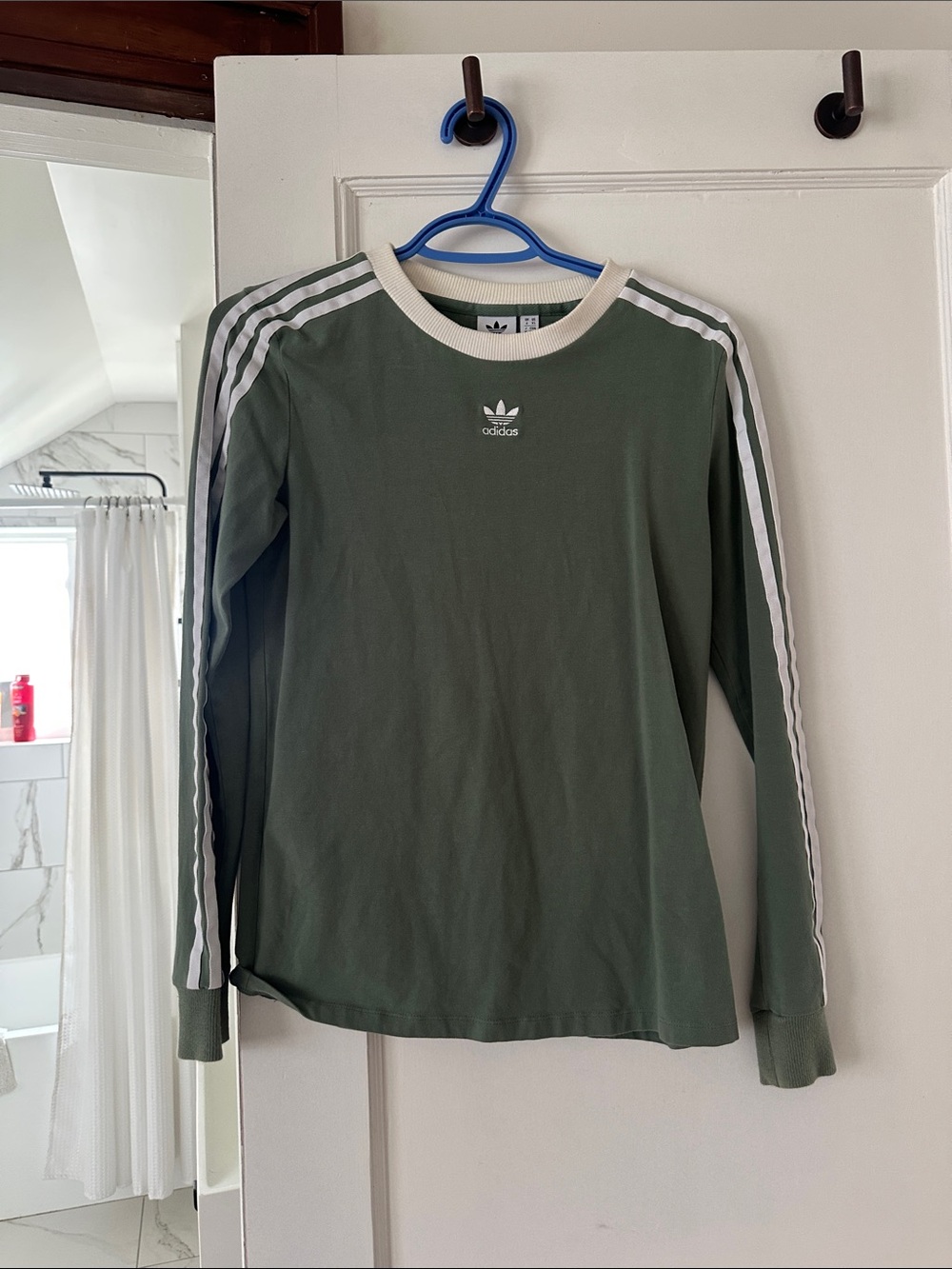 adidas Olive Green Long Sleeve Tee with White Stripes